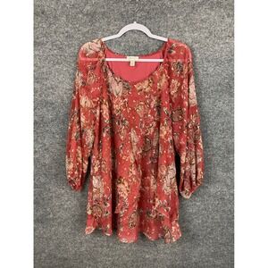 Tamara H. Floral Tunic Women 2X Red Gold Metallic Chiffon Layered Top